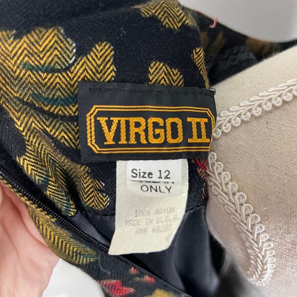 Vintage Virgo II Floral Jacquard Dress Black Gold Red Roses Puff Shoulder Sz 12 - Picture 9 of 13